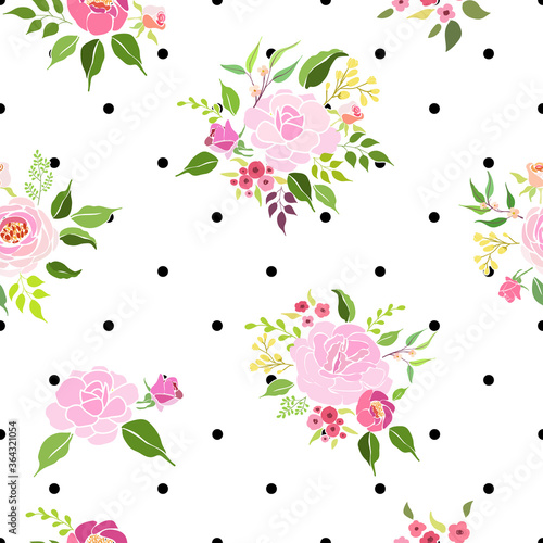 Pink roses bouquets flat vector illustration, with black polka dots blackground.