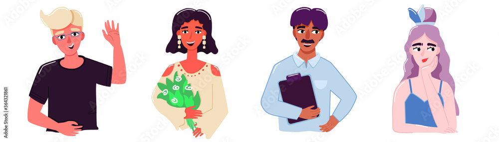 The illustration shows four people: 2 men and 2 women. They are different, but they are in a good mood. Illustrations can be used, for example, for avatars or stickers. The illustration shows four people: 2 men and 2 women. They are different, but they are in a good mood. Illustrations can be used, for example, for avatars or stickers.