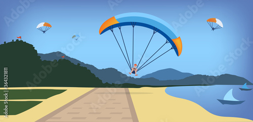 Vector Illustration of paraglider on paraglide falling on seaside boulevard, summer landscape with mountains, sea, beach, umbrella, palm. Facebook, site, web cover