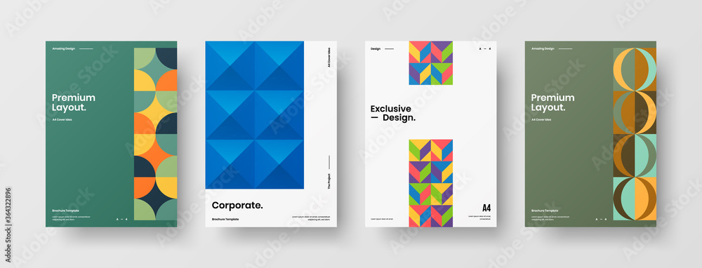 Company identity brochure template collection. Business presentation vector A4 vertical orientation front page mock up set. Corporate report cover abstract geometric illustration design layout bundle.