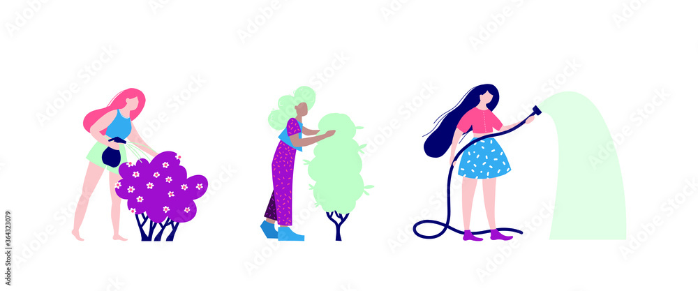 Care of plants. Garden. Water the plants. People in the garden. Vector illustration.