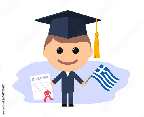 Cartoon graduate with graduation cap holds diploma and flag of Greece