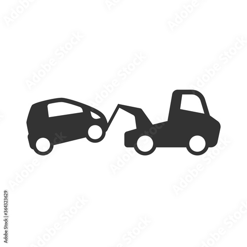Towing wrecker truck and car simple  vector icon. Car accident, wreck or tow help service black glyph symbol. 