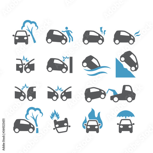 Car accident, insurance black vector icon set. Frontal collision, crush, flood, fire car accidents glyph icons.