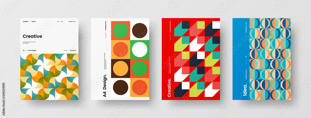 Fototapeta premium Company identity brochure template collection. Business presentation vector A4 vertical orientation front page mock up set. Corporate report cover abstract geometric illustration design layout bundle.