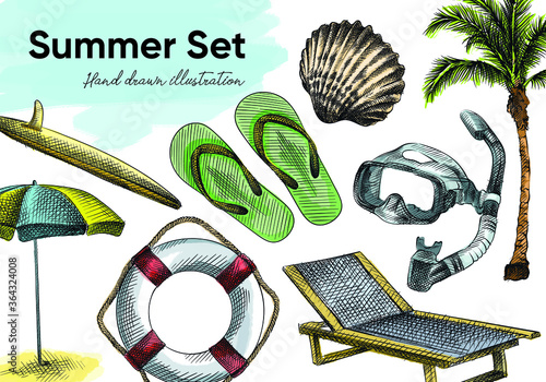 Colorful watercolor Hand-drawn sketch set of summer vacation tools. Set includes beach lounger, beach umbrella, diving mask, palm tree, lifebuoy, surfboard, cocktail, flip flops, cockleshell