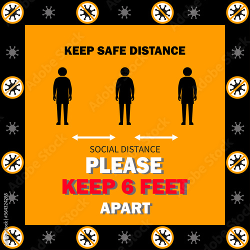 banner. Social distancing sign. Please keep 6 feet apart for customer queue at shop, restaurant, building, hotel, shopping mall, store. Keep distance in public to protect COVID-19.