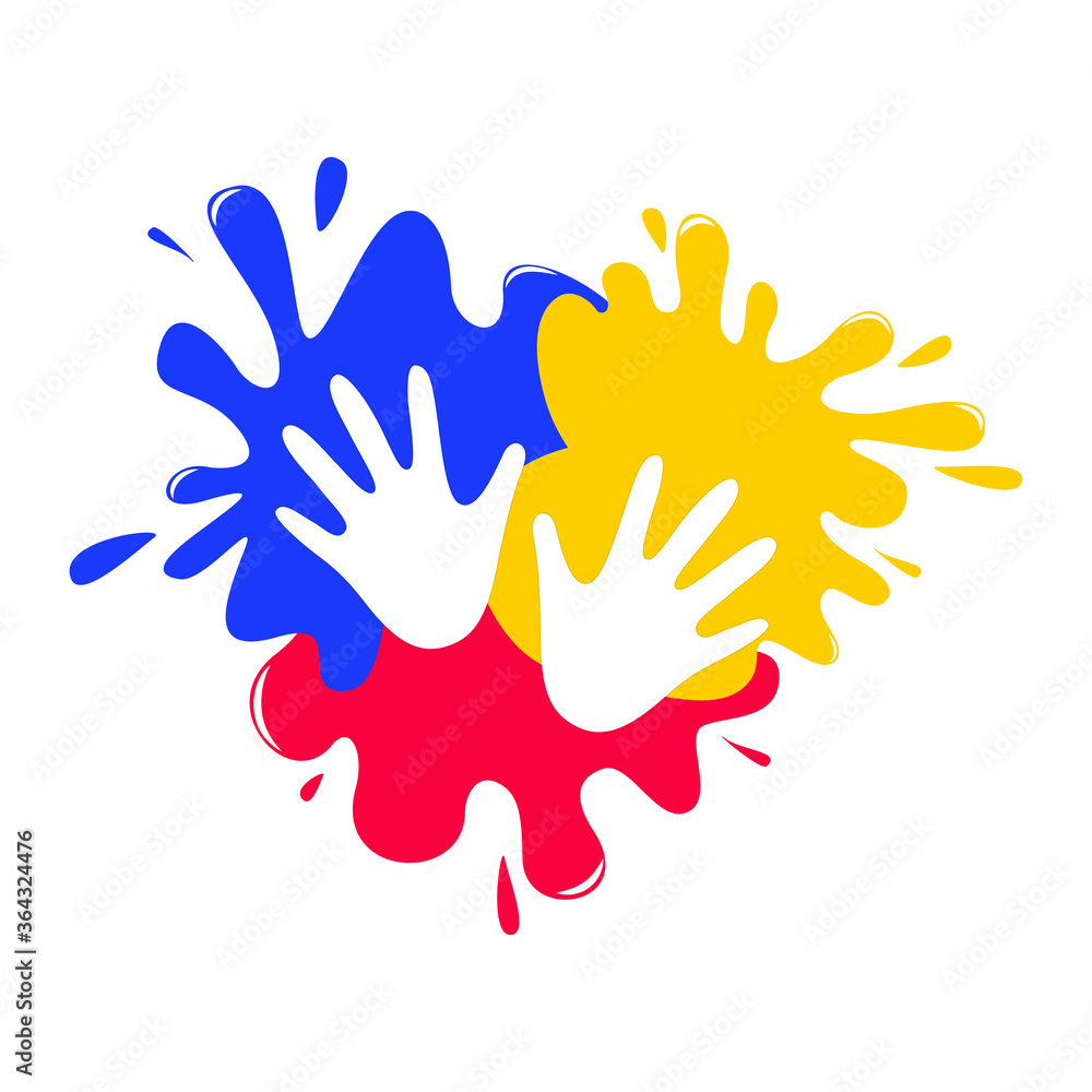 Children's hands on paint stains. Concept of children's visual creativity center. Hand drawing. Creativity, growth, talent. Children Science And Education. Kids art studio logo. Vector illustration. Children's hands on paint stains. Concept of children's visual creativity center. Hand drawing. Creativity, growth, talent. Children Science And Education. Kids art studio logo. Vector illustration.