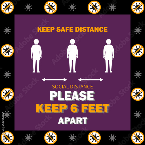 banner. Social distancing sign. Please keep 6 feet apart for customer queue at shop, restaurant, building, hotel, shopping mall, store. Keep distance in public to protect COVID-19.
