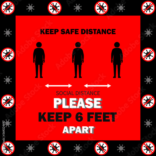Red banner. Social distancing sign. Please keep 6 feet apart for customer queue at shop, restaurant, building, hotel, shopping mall, store. Keep distance in public to protect COVID-19.
