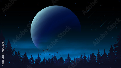 Night landscape with a large planet on the horizon and the silhouette of a pine forest. Blue night space landscape