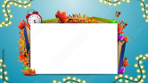 Back to school template, blue banner with white paper sheet and school supplies frame