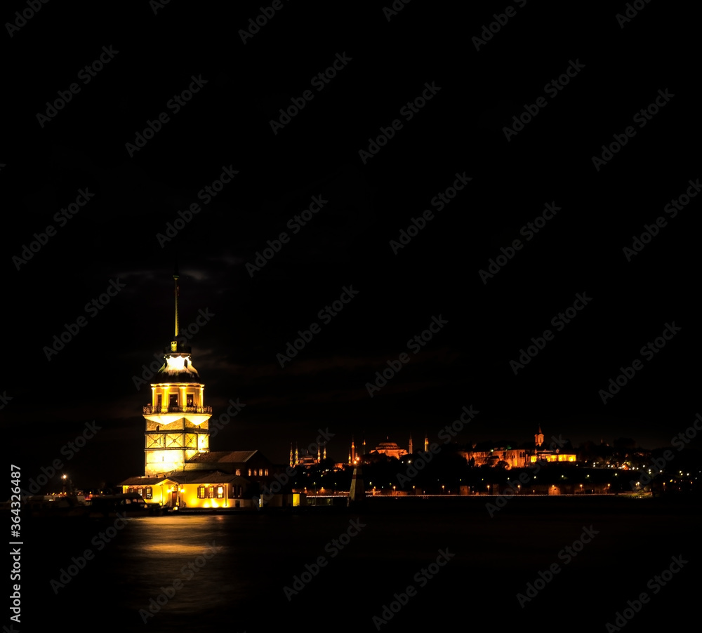 Famous Maiden's Tower in Istanbul, night lights.