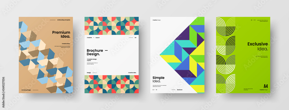 Fototapeta premium Company identity brochure template collection. Business presentation vector A4 vertical orientation front page mock up set. Corporate report cover abstract geometric illustration design layout bundle.