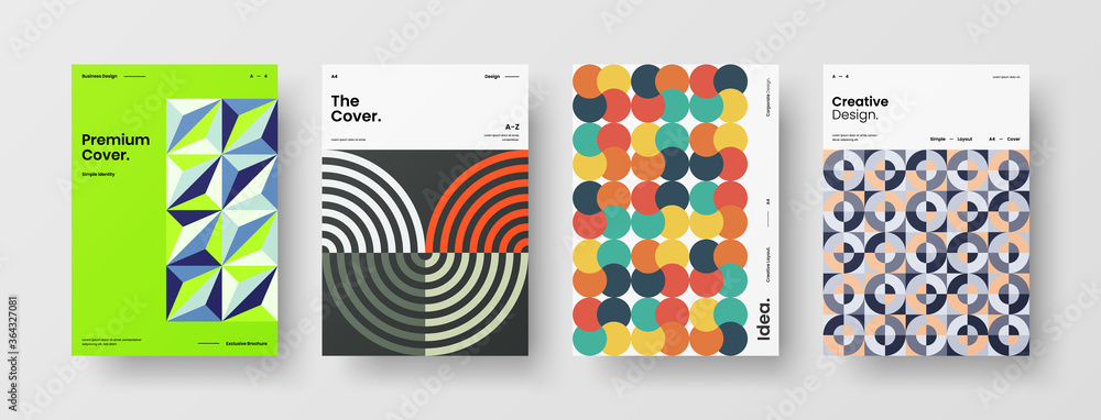 Fototapeta premium Company identity brochure template collection. Business presentation vector A4 vertical orientation front page mock up set. Corporate report cover abstract geometric illustration design layout bundle.