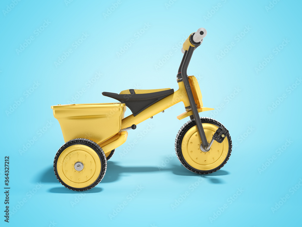 Fototapeta premium 3D rendering yellow tricycle for child side view on blue background with shadow