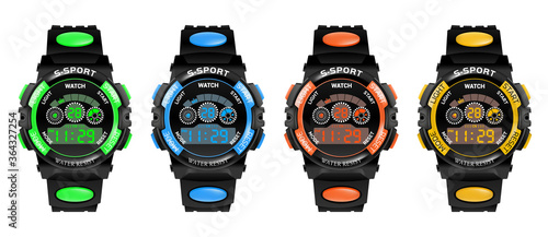 Set of Smart watch fitness bracelet with pedometer and speedometer, waterproof watch for sports and activities on nature, vector illustration isolated on white background