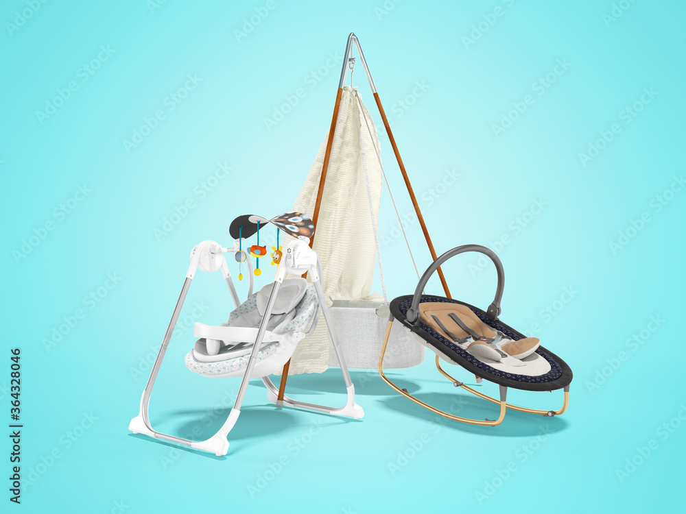 3D rendering set for sleeping baby, rocking crib and rocking chair with toys on blue background with shadow 3D rendering set for sleeping baby, rocking crib and rocking chair with toys on blue background with shadow