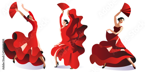 Three women in red dresses with fans dance flamenco. Vector illustration.