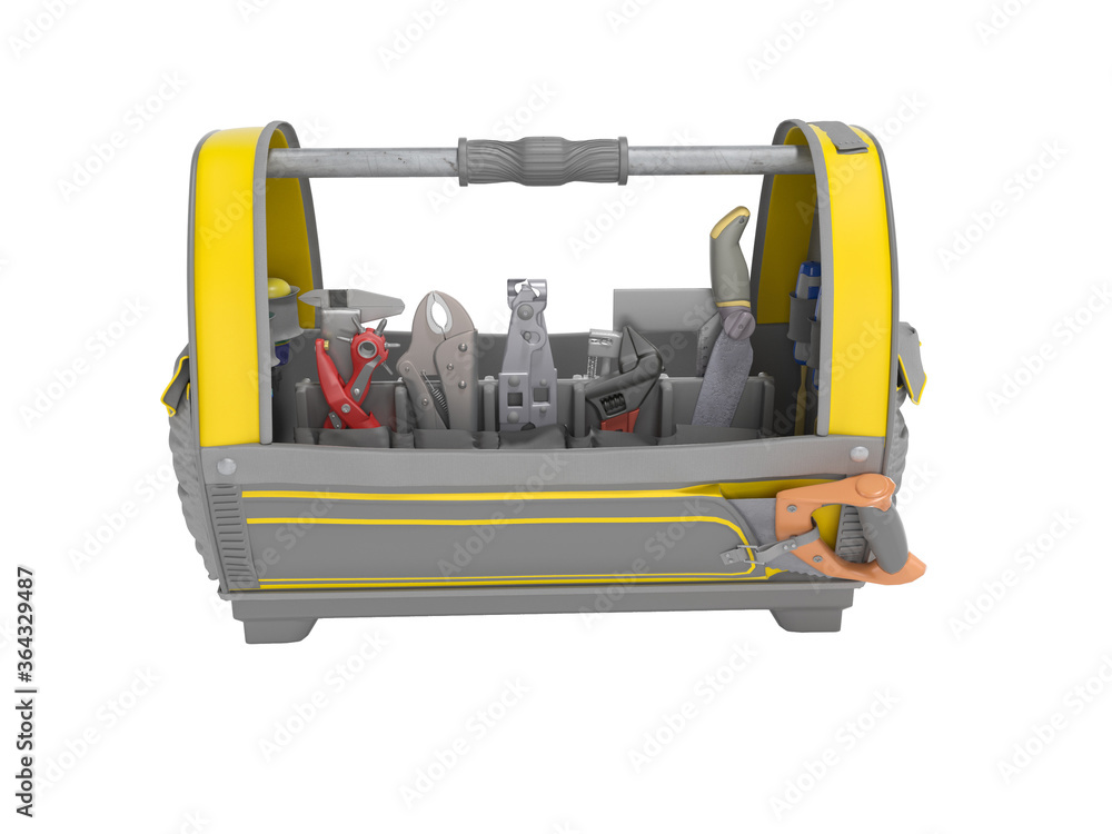 3d rendering yellow with gray accents open bag with repair tools on white background no shadow