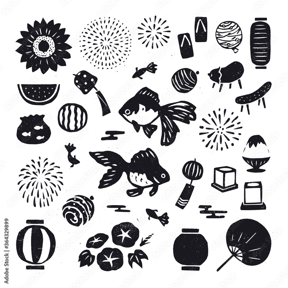 日本の夏の版画風モノクロイラスト Stock Vector Adobe Stock
