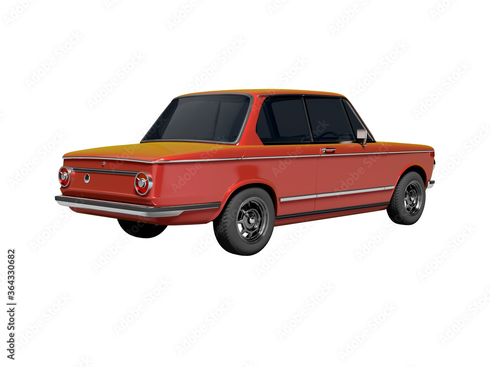 3D rendering red classic car with tinted windows rear view on white background no shadow