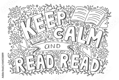 Keep calm and read a book inspirational motivational quote with pattern, hand drawn doodle sketch style vector illustration
