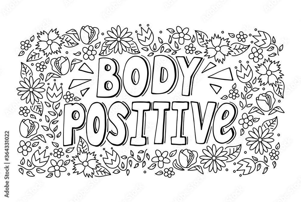 Body Positive word with floral pattern in doodle sketch style vector illustration