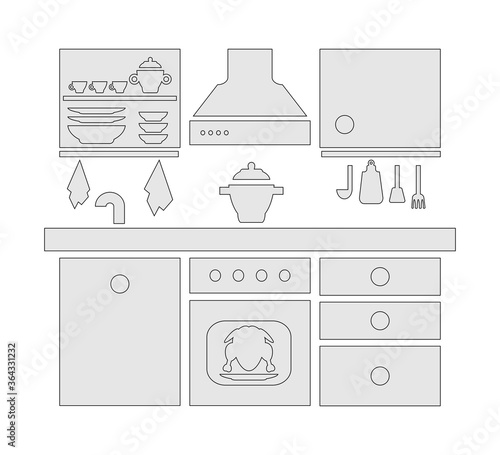 Kitchen furniture icon set. Contour isolated vector illustration.