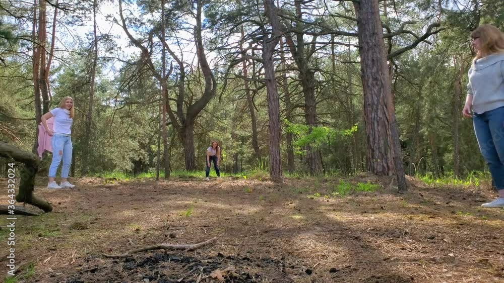 Group of friends play flying disc in a beautiful pine forest, leisure, outdoor activities Group of friends play flying disc in a beautiful pine forest, leisure, outdoor activities