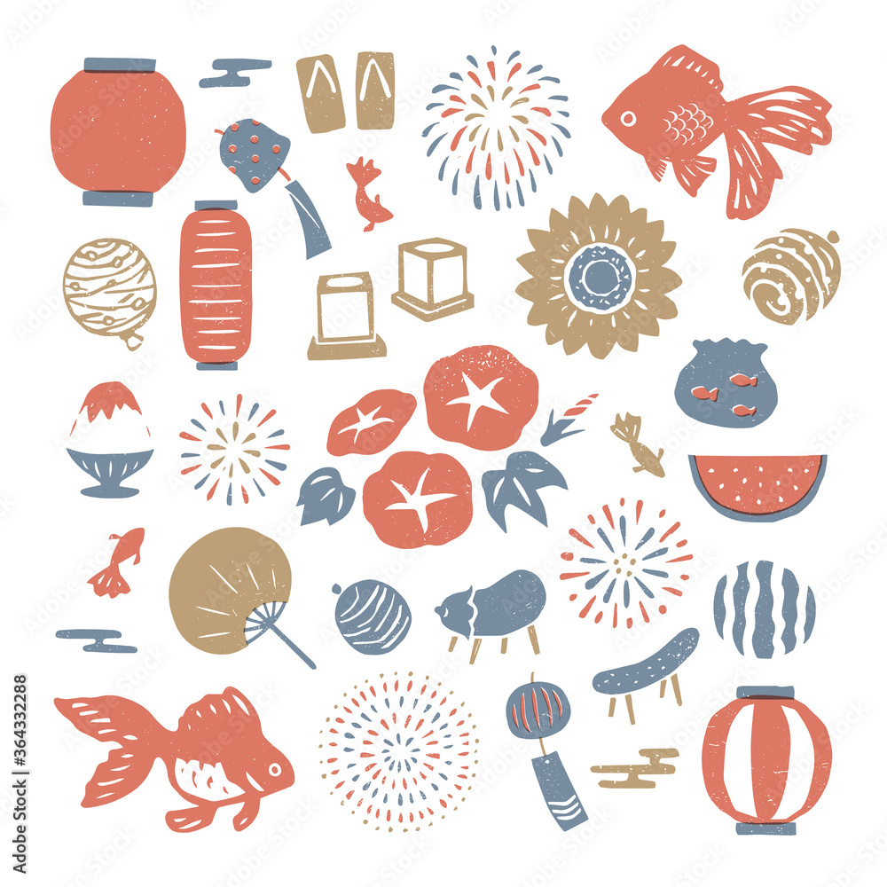日本の夏の版画風シルエットイラスト Stock ベクター Adobe Stock