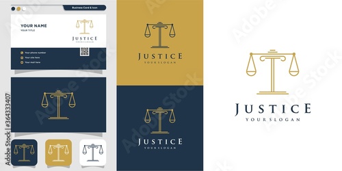 Line art justice logo and business card design template Premium Vector