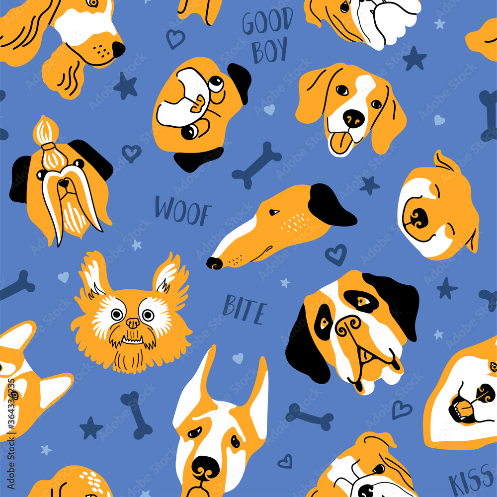 Seamless pattern with dog faces. Funny spaniel, husky, beagle bulldog, mastiff, shiba inu, pug, greyhound Seamless pattern with dog faces. Funny spaniel, husky, beagle bulldog, mastiff, shiba inu, pug, greyhound