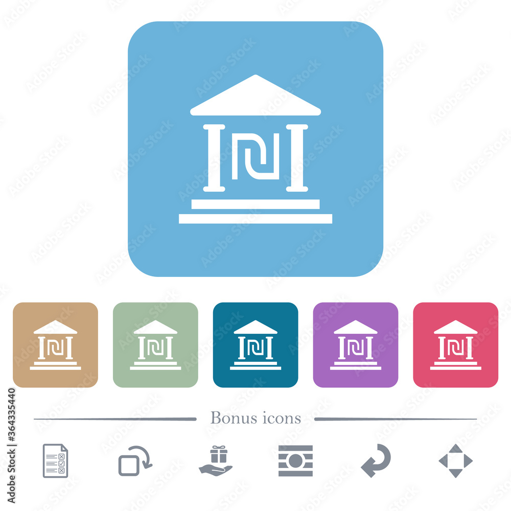 Israeli new Shekel bank office flat icons on color rounded square backgrounds Israeli new Shekel bank office flat icons on color rounded square backgrounds