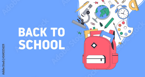 Back to school. School supplies with bag. Templates with place for text for invitation, poster, banner, sale. Vector back to school illustration.