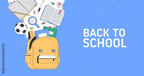 Back to school. School supplies with bag. Templates with place for text for invitation, poster, banner, sale. Vector back to school illustration.