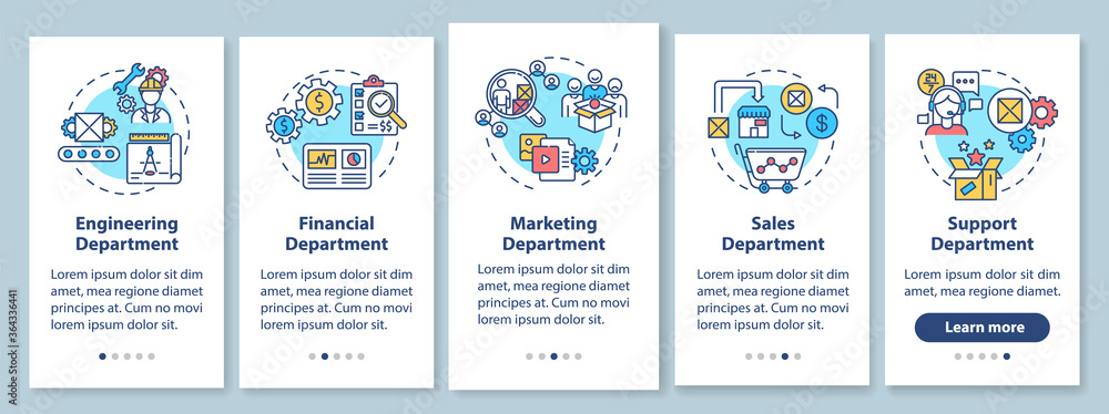 Company departments onboarding mobile app page screen with concepts. Market analytics. Product development walkthrough 5 steps graphic instructions. UI vector template with RGB color illustrations
