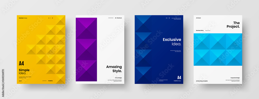 Company identity brochure template collection. Business presentation vector A4 vertical orientation front page mock up set. Corporate report cover abstract geometric illustration design layout bundle.