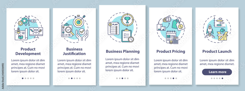Product development onboarding mobile app page screen with concepts. Business case. Marketing strategy walkthrough 5 steps graphic instructions. UI vector template with RGB color illustrations