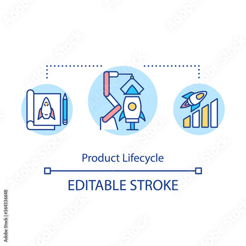 Product lifecycle concept icon. Merchandise launch. Technical modeling. Business strategy. Product management idea thin line illustration. Vector isolated outline RGB color drawing. Editable stroke