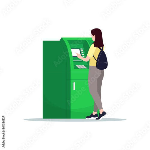 Women use ATM semi flat RGB color vector illustration. Girl withdraw money from self service kiosk. Terminal for money transaction. Bank customer isolated cartoon character on white background