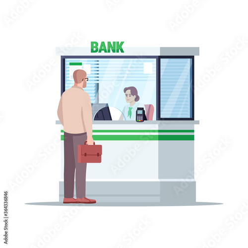 Bank reception window semi flat RGB color vector illustration. Desk with manager. Credit advisor. Businessman with financial consultant isolated cartoon characters on white background