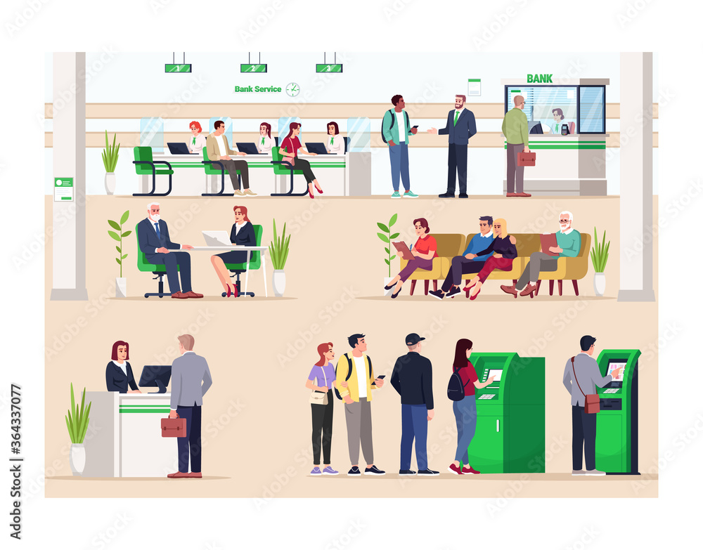 Bank lobby semi flat vector illustration. Financial consultation. Reception and waiting lounge. Queue to ATM terminal. Bank customers and managers 2D cartoon characters for commercial use