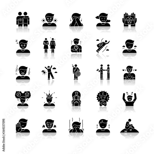 Human feelings drop shadow black glyph icons set. Positive and negative emotions, mood expressions. Different psychological reactions, mental states. Isolated vector illustrations on white space
