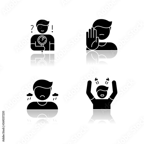 Mood and temperament drop shadow black glyph icons set. Good and bad emotions, different human feelings. Curiosity, rejection, sorrow and anger. Isolated vector illustrations on white space