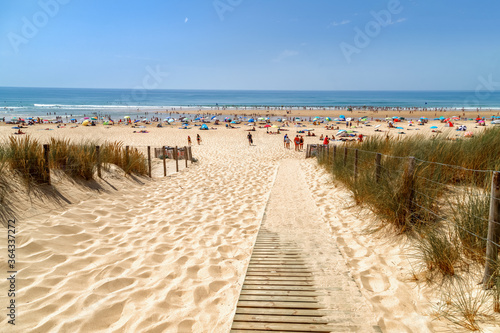 Wooden pathway to the Grand Crohot Beach of the peninsula of Cap Ferret. Arcachon Bay, France, holidays.