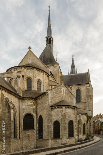 Medieval catholic cathedral on the narrow street of Blois, Loire valley, France. Vertical photo.