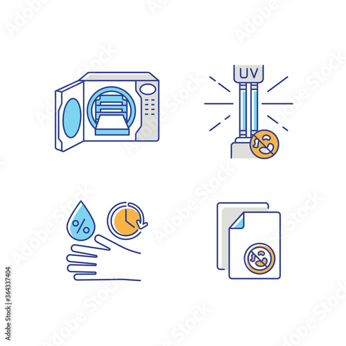Disinfection equipment RGB color icons set. UV lamp, autoclave and antibacterial wipes. Sanitation tools, professional disinfectants. Isolated vector illustrations