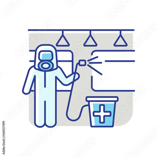 Transport disinfection RGB color icon. Professional cleaning service. Public transportation sterilization. Cleaner in hazmat suit isolated vector illustration