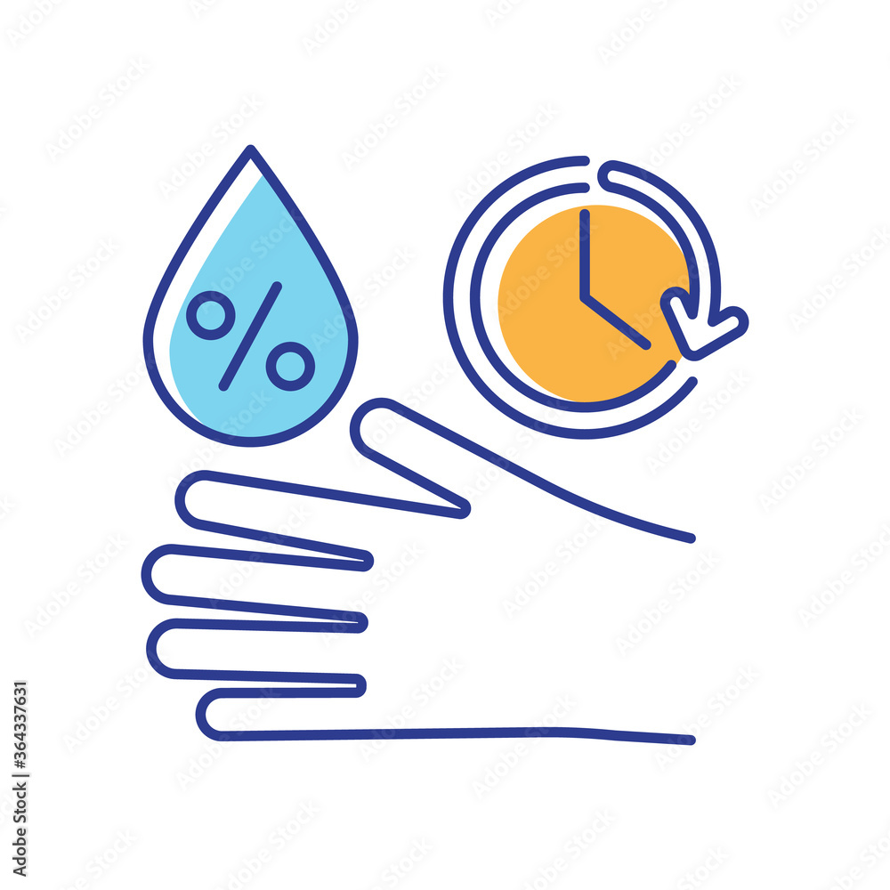 Disinfectant contact time RGB color icon. Antibacterial hand sanitizer use rule. Personal hygiene. Microbe and bacteria protection. Isolated vector illustration